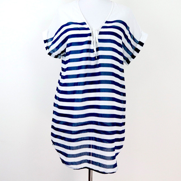 J. Crew Size S Stripe Cotton Tunic Coverup Top Semi Sheer Blue White - Picture 2 of 9